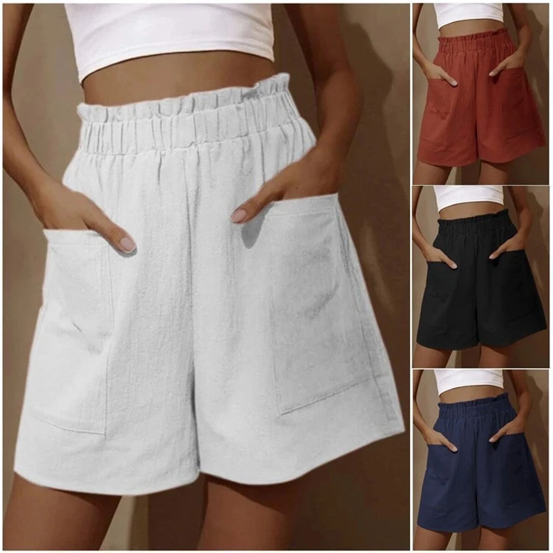 Women Casual Shorts Summer High Waisted Pockets Loose White Shorts Solid Color Oversized Five Point Shorts Women Clothing