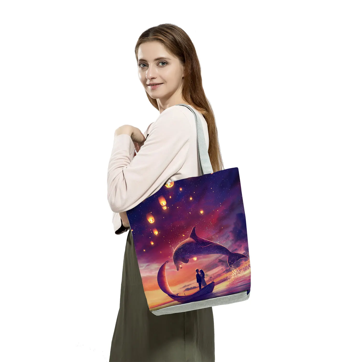 Personalizado água animais gráficos bolsas eco reutilizável dobrável mulheres sacos de compras ombro casual baleia tartaruga sereia impressão tote