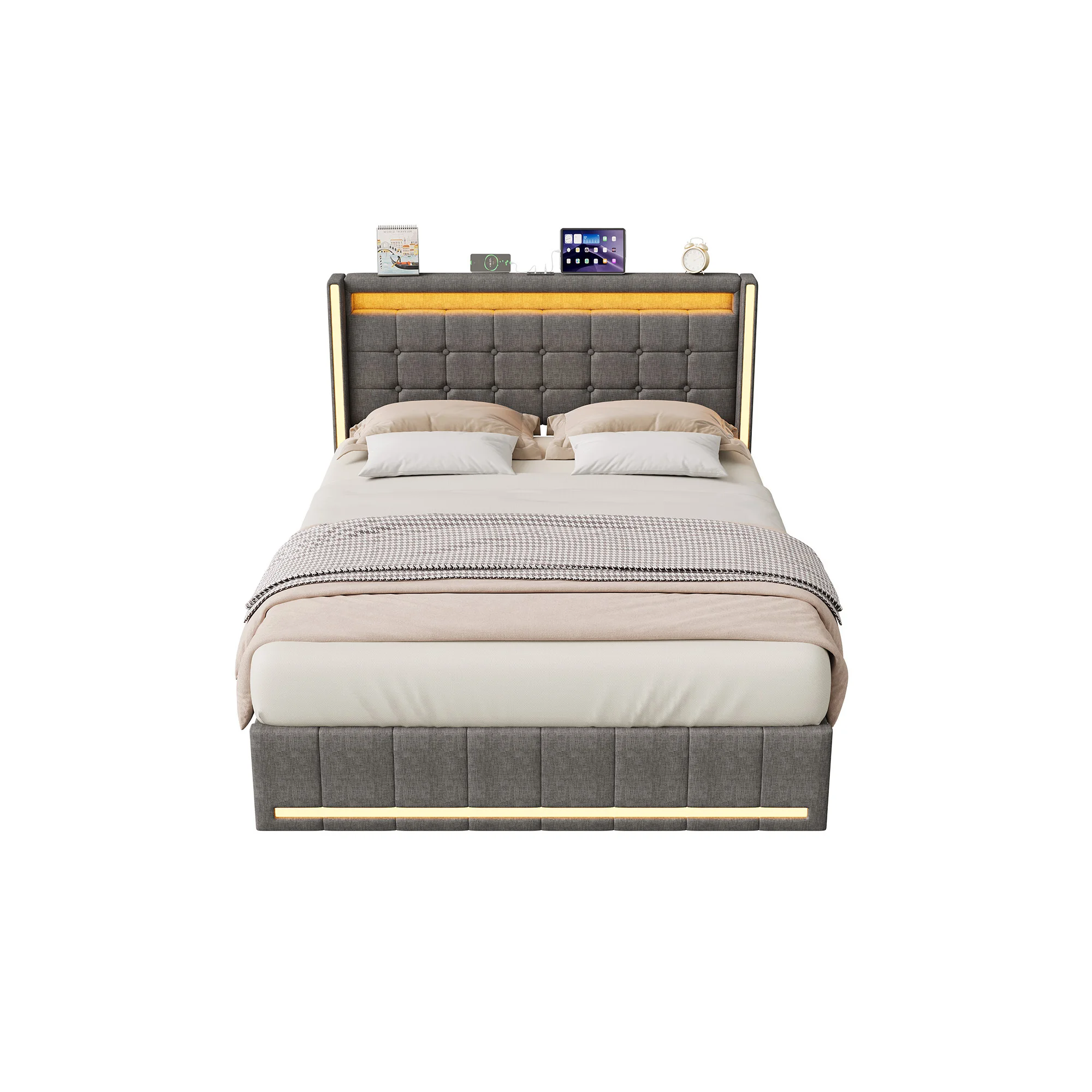 4ft6 Double Bed Frame Upholstered Platform Bed with 4 Storage Drawers & LED Storage Headboard, Linen Beige Functional Beds with LED Lighting & Charging Station,Metal-Wood Support, 3ft/4ft6/5ft bed image 3