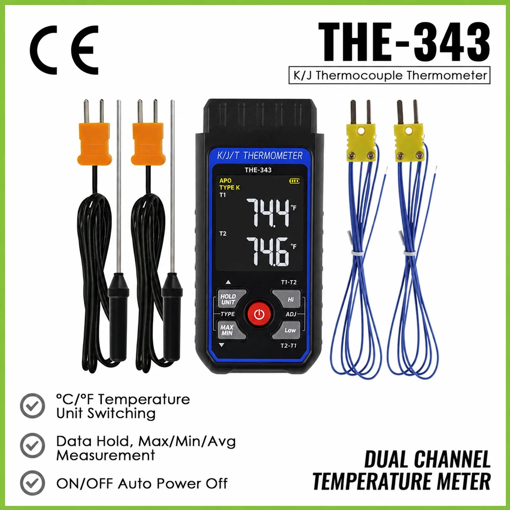 Digital K/J/T Type Digital Temperature Measurement T1-T2 Thermocouple Thermometer W/ Backlight and Temperature Compensation