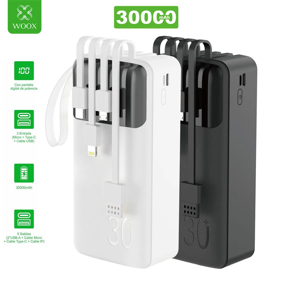Batería externa de gran capacidad de 30000 mAh con pantalla digital de porcentaje de batería, selección de 10000/20000 mAh, ideal para exteriores. Incluye 4 cables de carga y puertos USB tipo C y USB-A. Fácil de cargar para teléfonos inteligentes, tableta