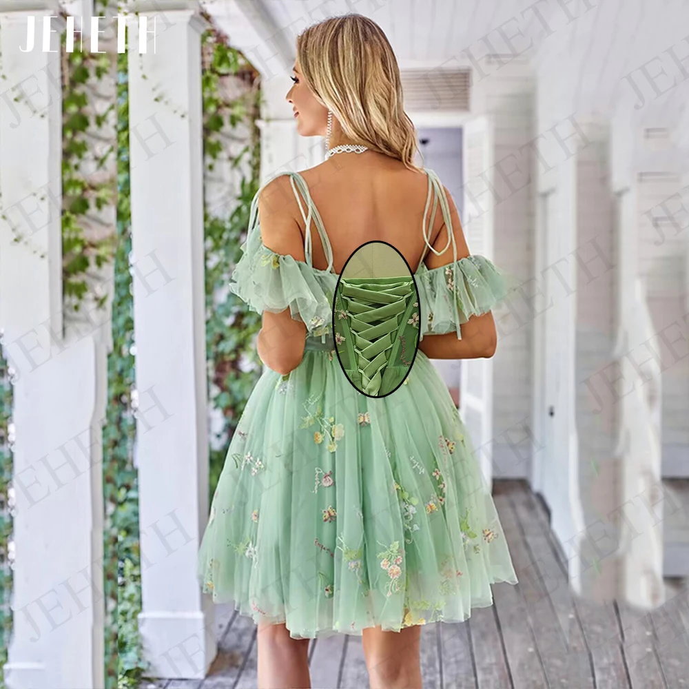 JEHETH Short Prom Dresses Green Homecoming Vintage Party Ruffle Embroidery Mini Evening Gown Off Shoulder Vestidos De Graduación