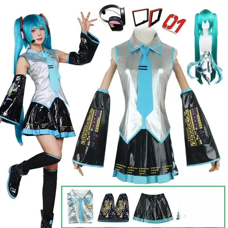 Miku Cosplay Full Set Silver Leather Fabric Suit Miku Cosplay Headwear Costume Outfit JK Sailor Dress High School Uniform Hallow — 2