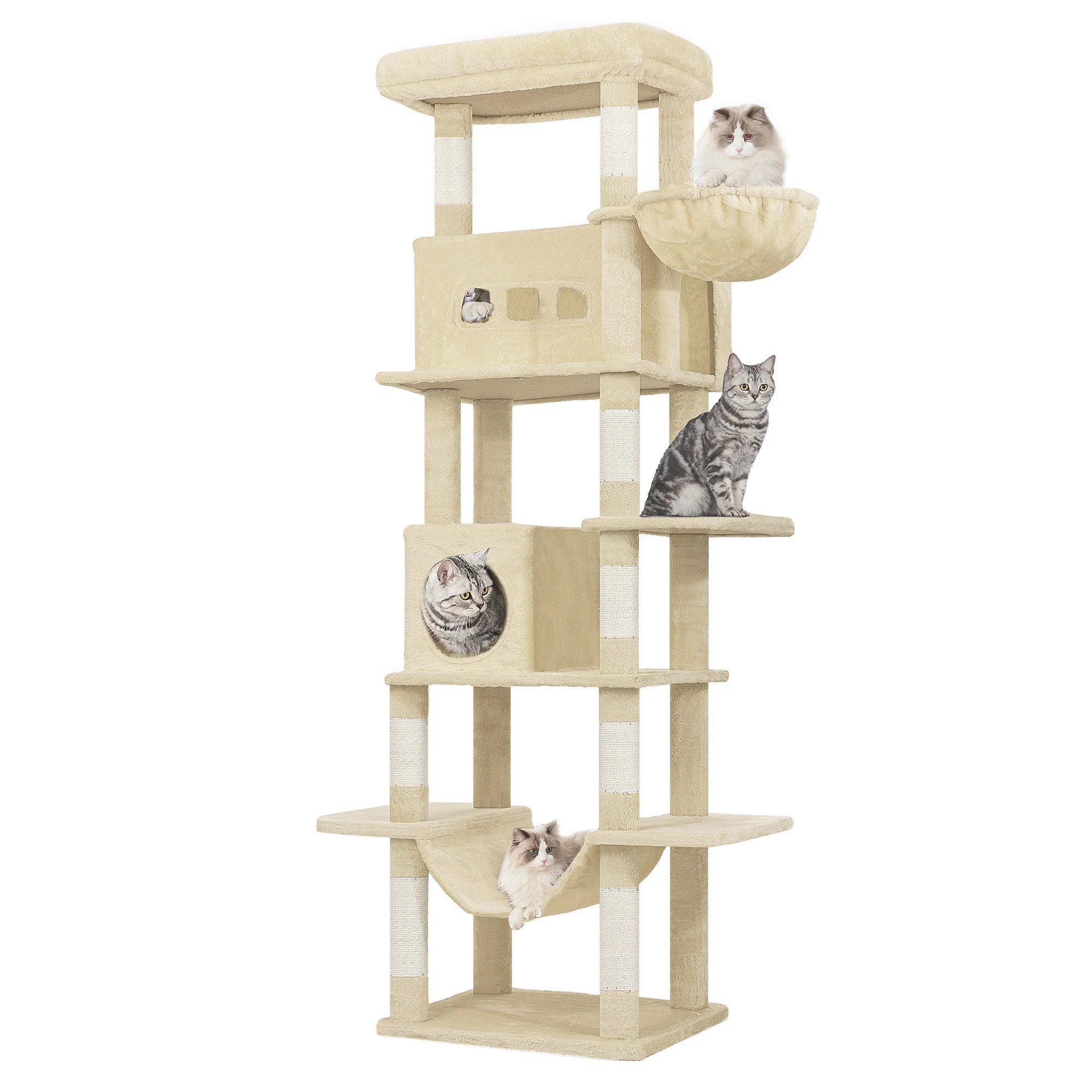 Kattenboom, 210 cm grote kattentoren voor binnenkatten, multi-level kattenhuis met condo, 8 krabpalen, 4 pompons