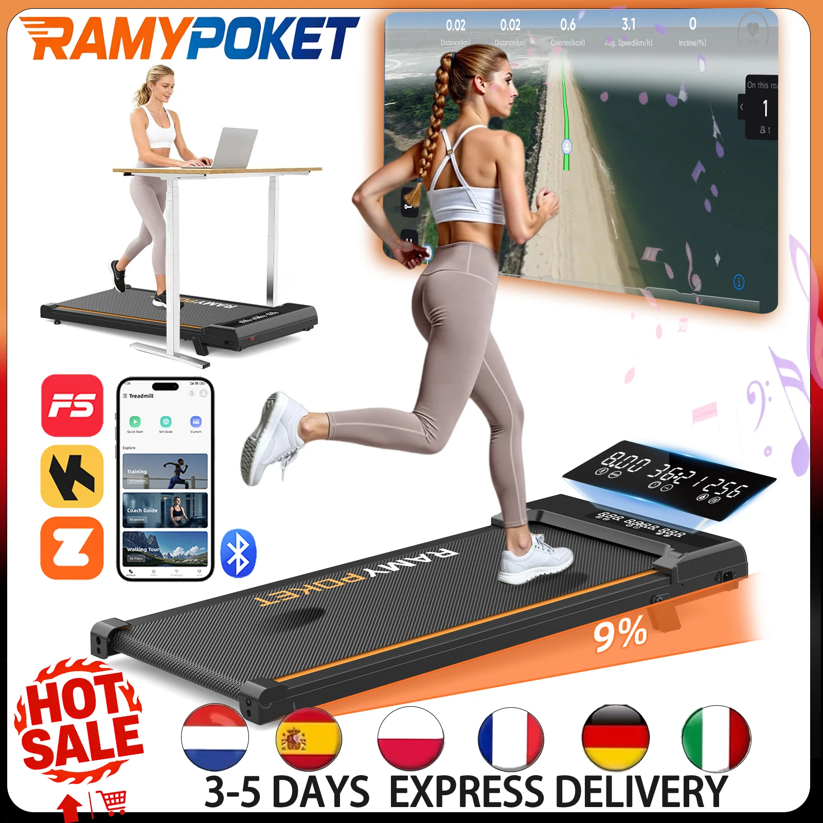 RAMYPOKET Walking pad avec inclinaison 9% moteur silencieux contrôle APP 1–8 km/h 120KG tapis de marche pour Maison & Bureau