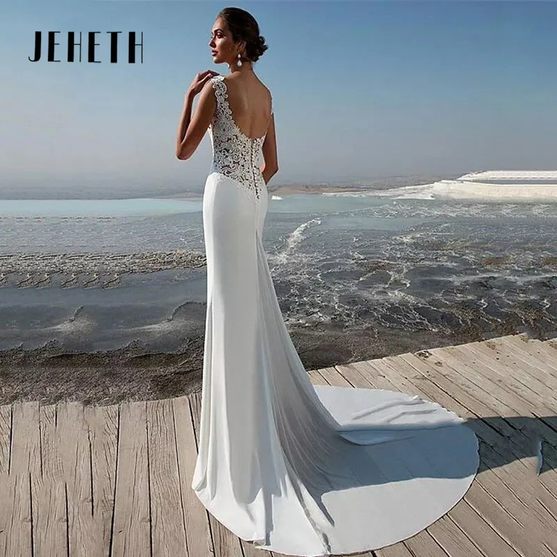 Jeheth Strand Meerjungfrau Brautkleider U-Ausschnitt Flügel ärmel Brautkleid für Frauen sexy rücken frei elegante Vestidos de Novia 2024 JEHETH Strand Meerjungfrau Brautkleider U-Ausschnitt Cap Ärmel Brautkleid für Fra