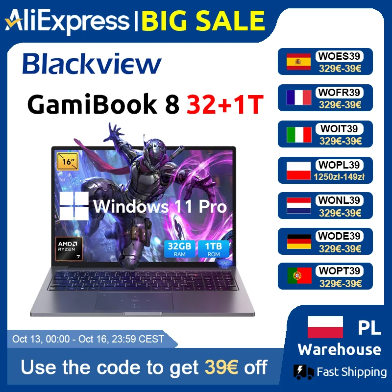 Blackview ‎ GamiBook 8 AMD R7 7735HS 16" 5000MAH Laptop 16GB+512GB / 32GB+1TB Windows 11Pro BT5.2 Wifi 6 Beleuchtete Tastatur