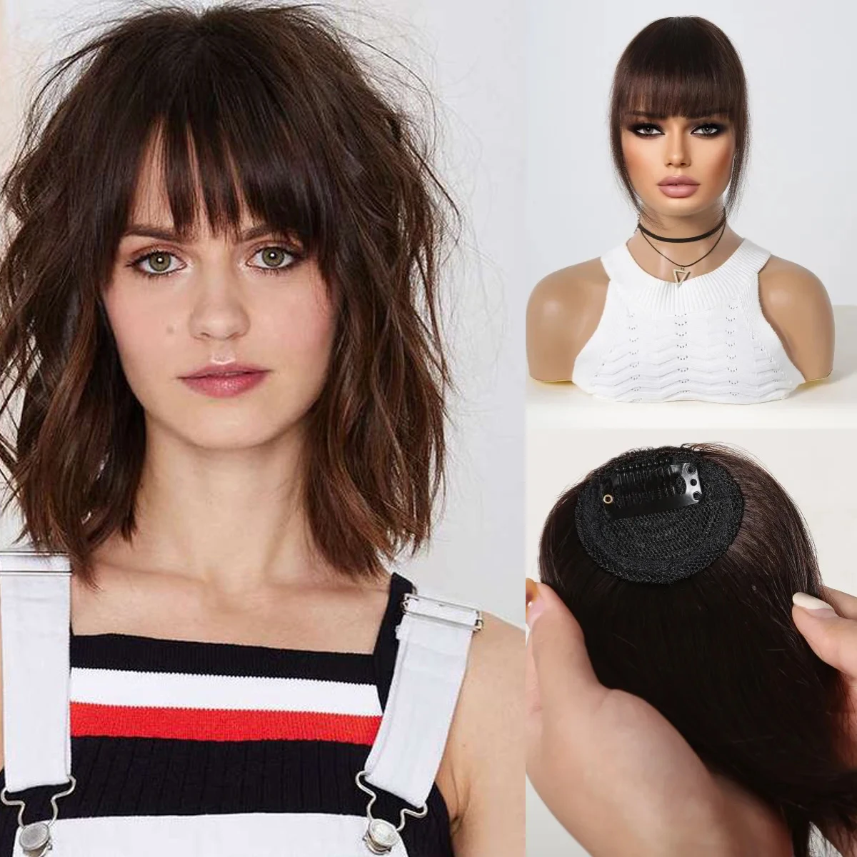 Clip in Bangs Hairpieces Real Human Hair Fake Bangs Hair for Women Wispy Fringe Bangs Natural Brown Hair Extensions Daily Use