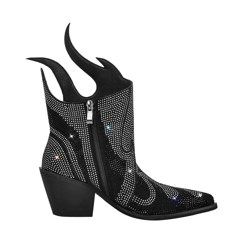 Onlymaker Pointed Toe Flame Rhinestone Ankle Boots  Glitter Bling Shiny Super Pretty Sparkly Gorgeous Dress Short Boots