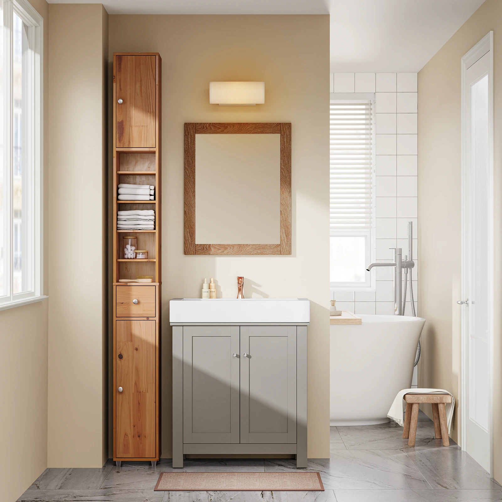 SoBuy BZR34-II Armoire de bain haute Armoire de bain avec rayons en bois massif réglables Meubles de salle de bain peu encombrants