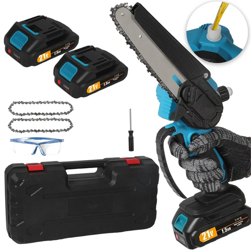 Motosierra Eléctrica Inalámbrica de 21V y 6 Pulgadas, Potente Motosierra Eléctrica Pequeña y Portátil con Lubricación Automática, Herramienta para Trabajar la Madera
