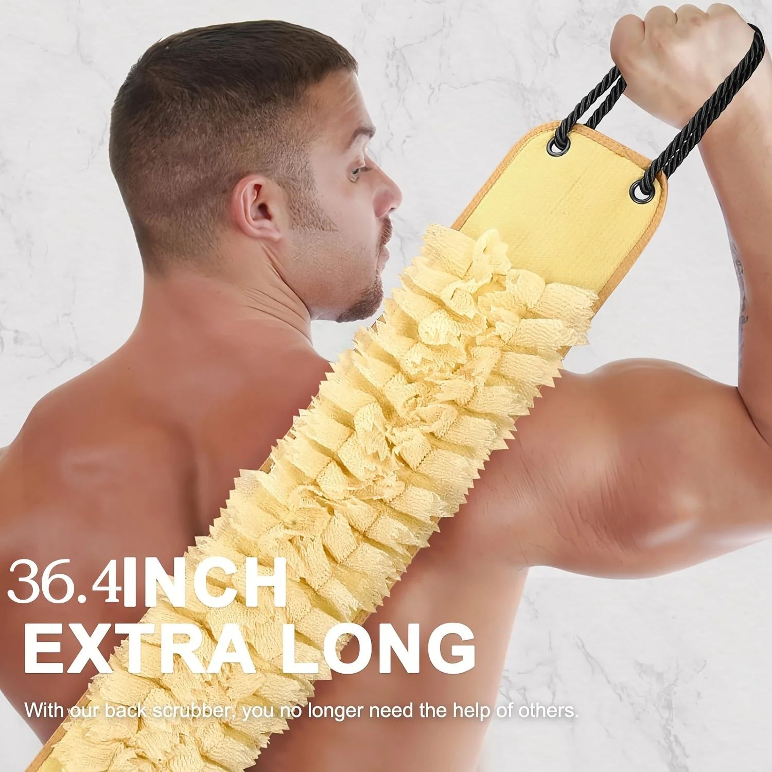 A 36.4-inch long back scrubbing towel, a dual-use tool for home and personal bathing and back exfoliation