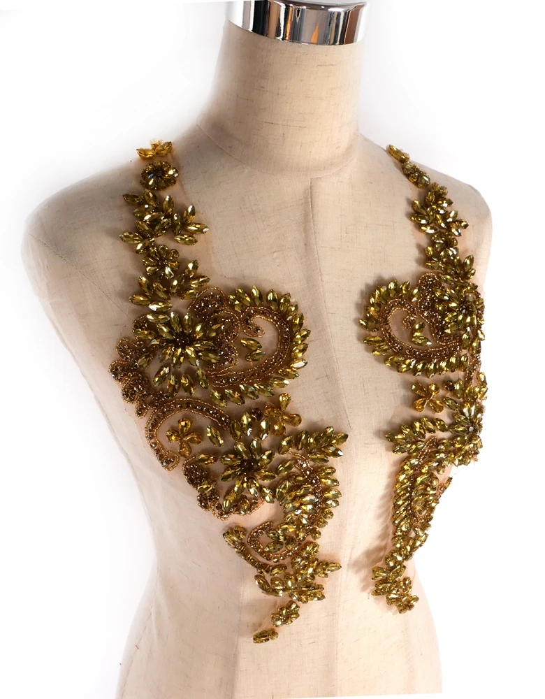 HelluyerDc Gold-Strass-Perlenapplikation, 14 cm x 39 cm große Applikation für Kleidungsdekoration, Stickerei auf Tüll zum Aufnähen