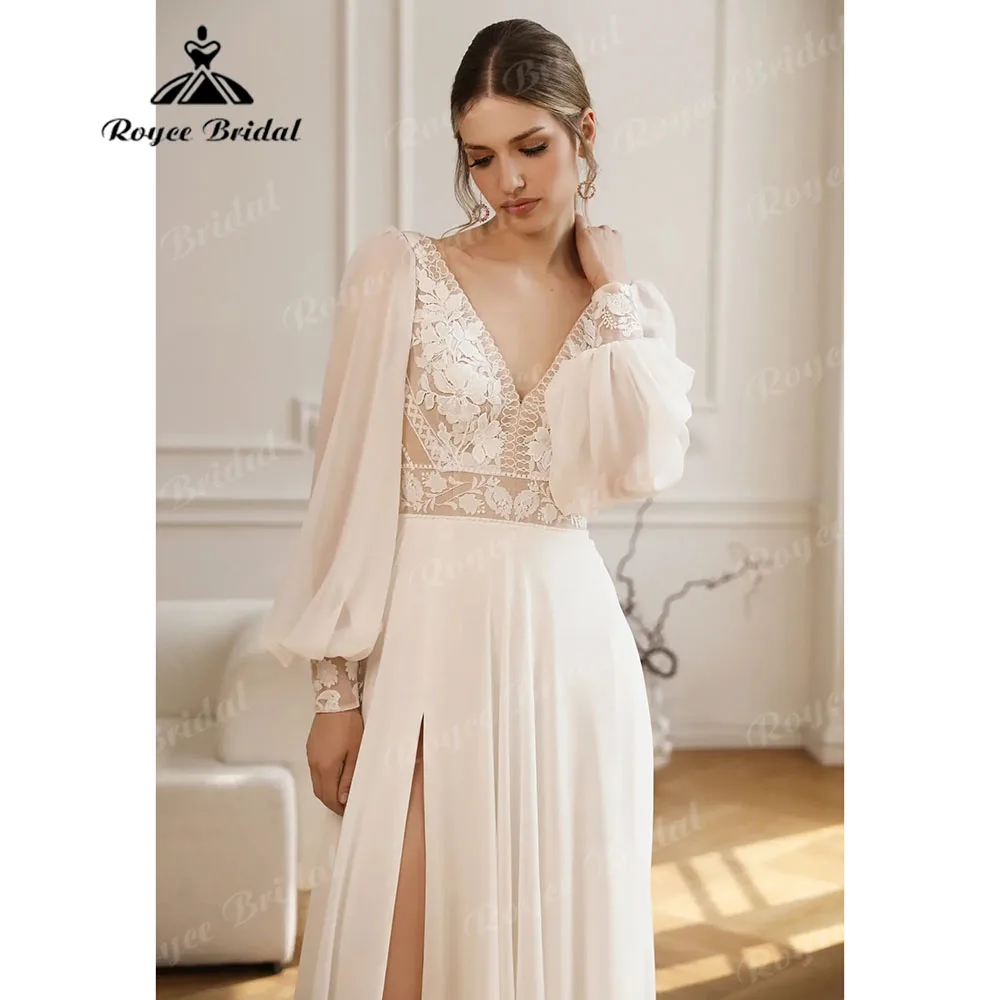 Split Side Puff Long Sleeve Lace Boho Bohemian Wedding Dress for Women 2024 Open Back Wedding Gown for Bride robe de mariée