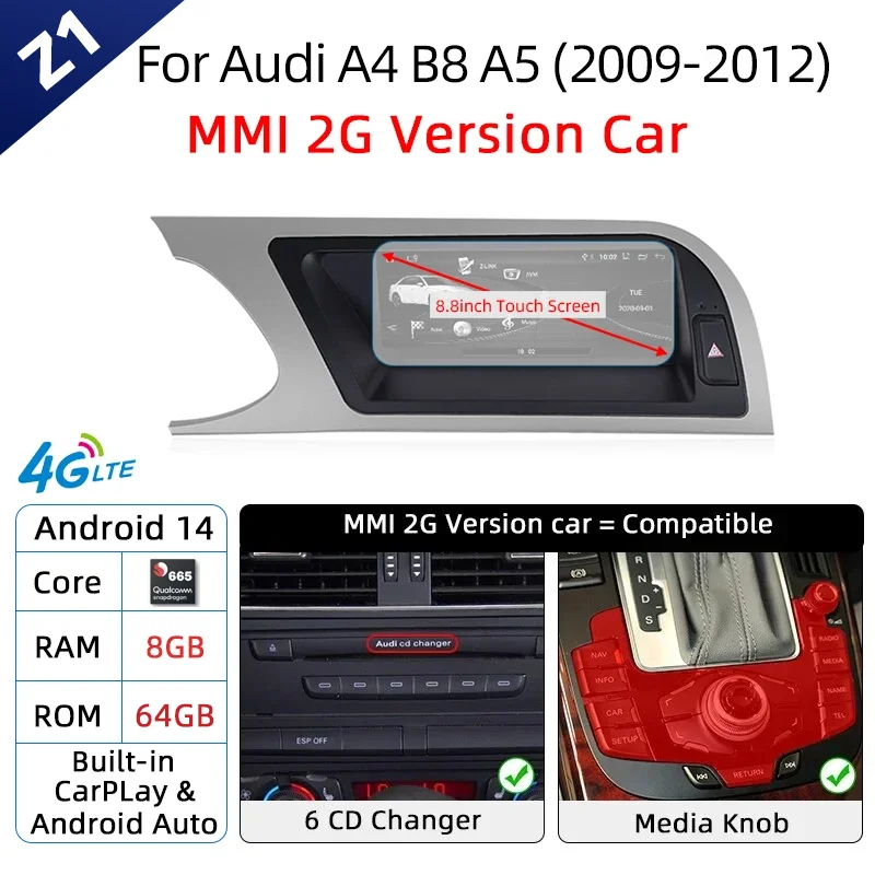 Android 14 Draadloze Carplay Autoradio voor Audi A4 B8 A5 2008-2017 GPS Autoradio IPS Touchscreen Multimedia Android Auto BT DSP