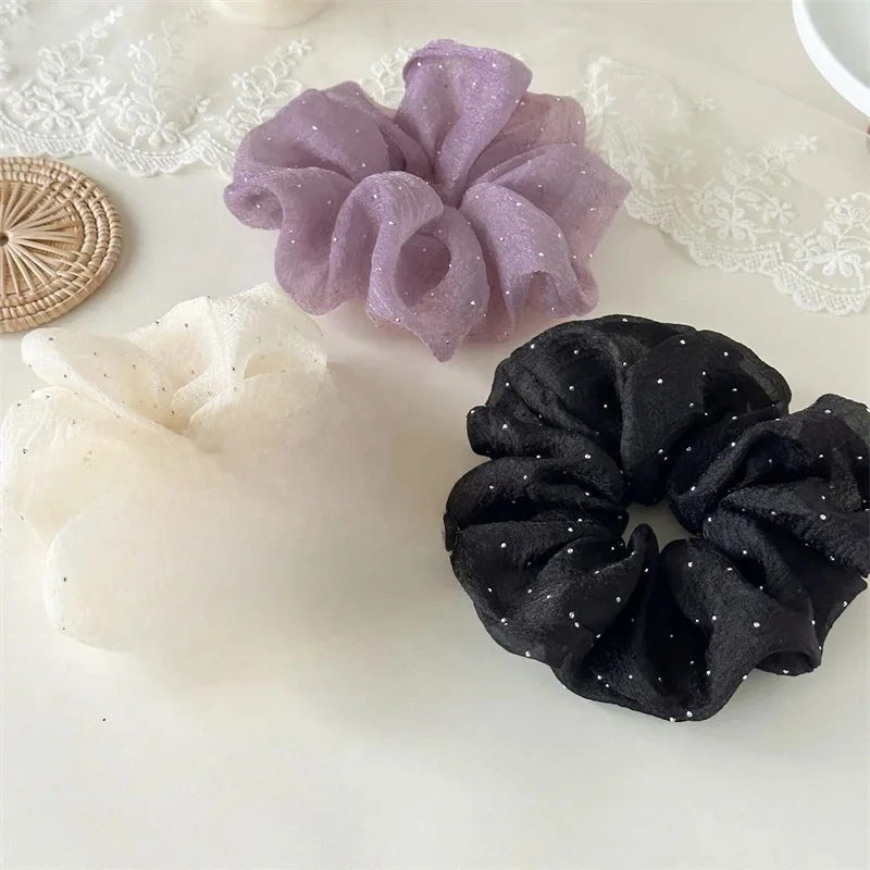 Mode strass maille bandeau en mousseline de soie chouchous femmes coréen soie élastique cheveux cravate élastique pour queue de cheval chapeaux cheveux accessoires