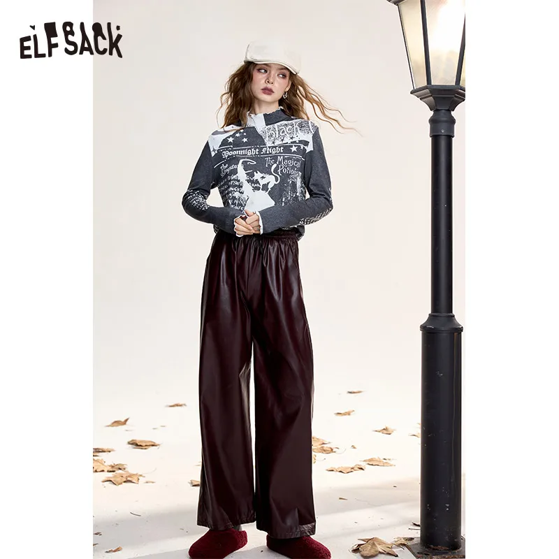 ELFSACK 2024 Winter New Arrivals Cotton high collar T-shirt for women original witch full print ruffled edges long sleeves botto