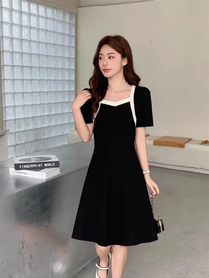 

Elegant French Black Midi Temperament Square Neck Hepburn Style Commuting Mature Simplicity Generous Women's A-line Skirt Summer