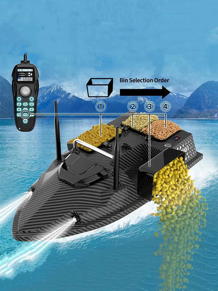 Flytec V803 Pro GPS RC Köderboot mit integriertem Sonar-Fischfinder, 500 m Reichweite, 4 unabhängige Köderbehälter, 3 kg Traglast, 2 x 12000 mAh Dual-Akku, Nachtlichtboot