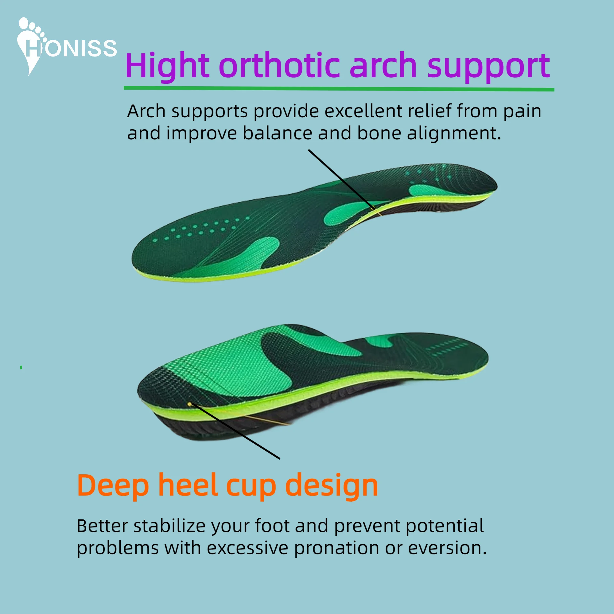 1 pair of flat arch support PU foam green breathable elastic insole long pad suitable for men and women