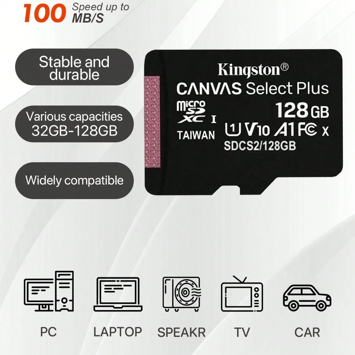 Kingston Microsdxc Select Plus 128Gb. 64Gb and 32Gb (with Sd Adapter) Class 10, Uhs-I, U1, V10 Reading: 100Mb/S (Sdcs2/128Gb)