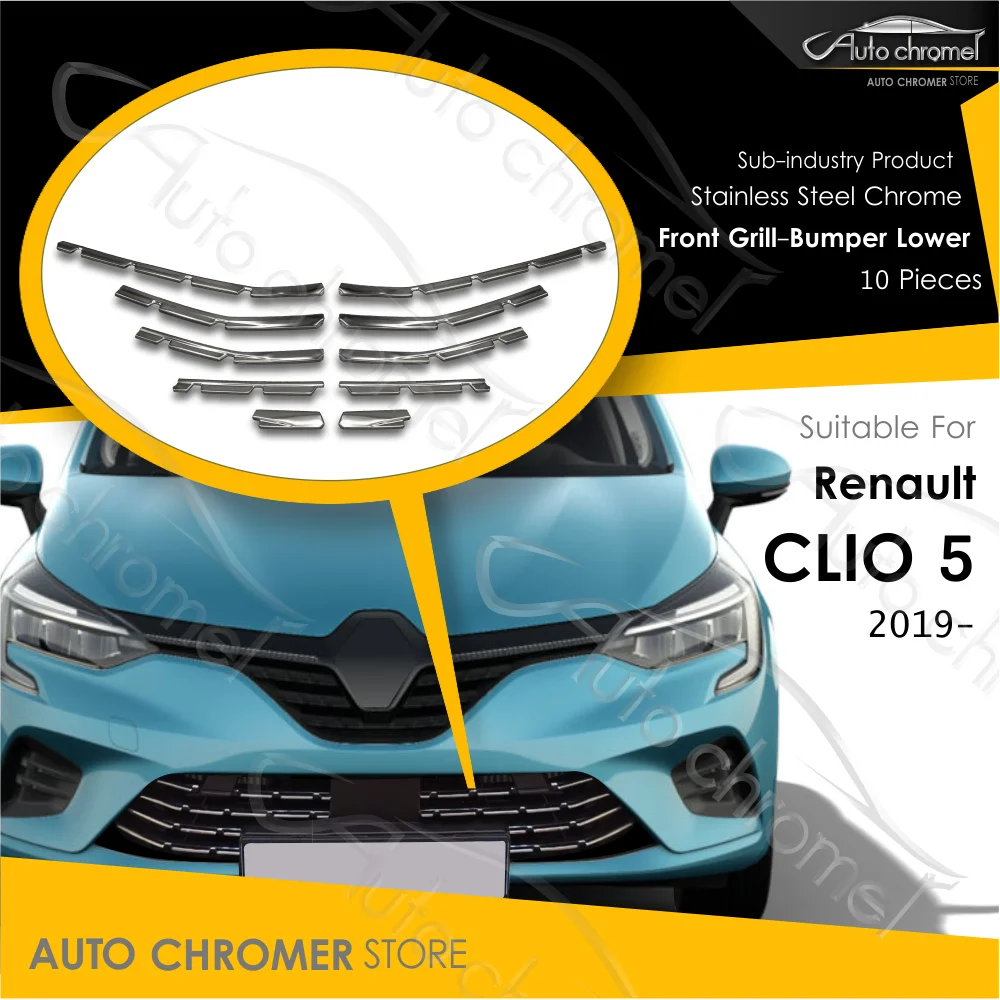 Front Bumper Lower Chrome For Renault Clio 5, 10 Pcs Exterior Stylings, Automotive Parts,ClioV Car Accessories,Automobile Pieces