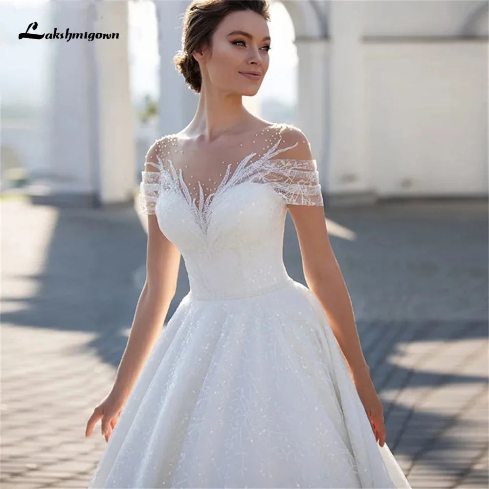 

Shiny Off The Shoulder 2024 Wedding Dress For Bride Elegant Glitter Lace A-Line Bridal Gown Illusion Pleat Robe De Marié vestido