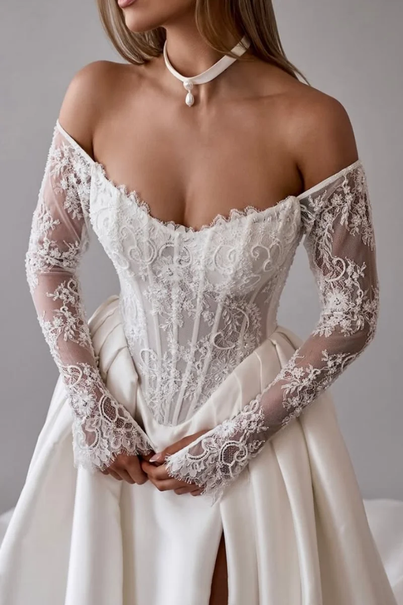 فساتين سهرة جيسيكا دانتيل مطرزة بأكمام طويلة من الساتان الأبيض فساتين لحضور الحفلات الموسيقية الفاخرة على شكل حرف a من فيستدوس دي فييستا مخصصة #6