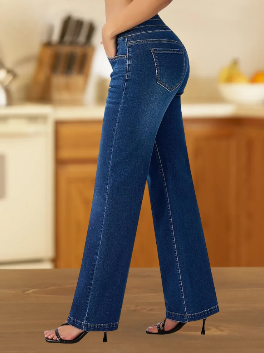【HME】Jeans | Triple‑Button High Waist Wide‑Leg Denim Pants, Women Loose Flared Denim With Natural Washed Finish, Contrast Stitch Stretch Fabric, Figure‑Hiding Casual Pants For Daily Commute