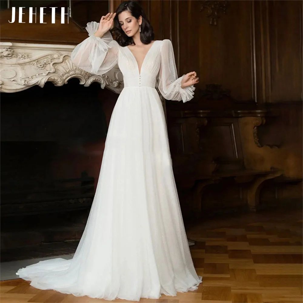 JEHETH Elegant Glitter Tulle Deep V-Neck Wedding Dresses Princess Shiny Lantern Sleeves Backless A-Line Pleated Bridal Gowns