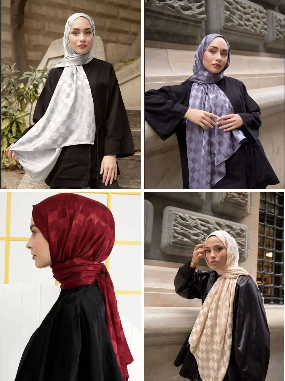 Set of 4 Checkerboard Pattern Cotton Jacquard Shawl Quality Product Hijab Muslim Women Fashion Shawl Bonnet Casual Clothing