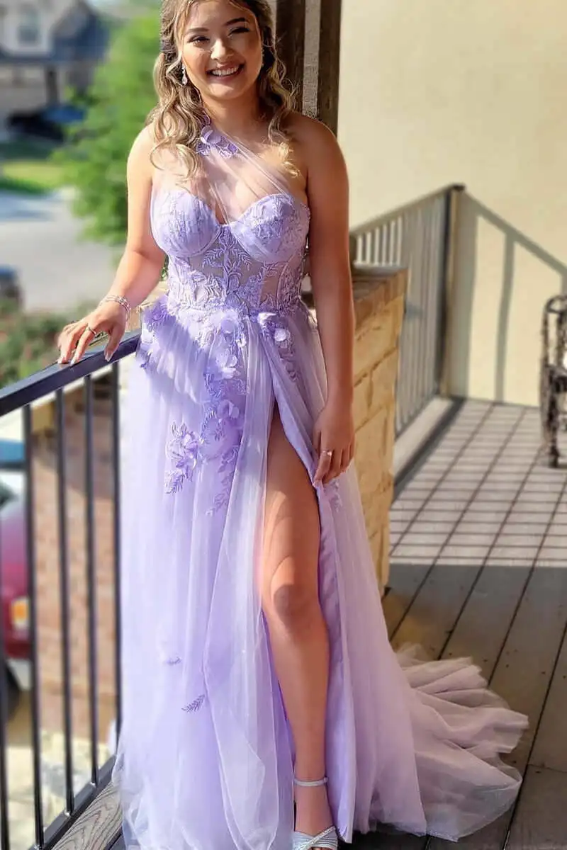 

Sweetheart One Shoulder Tulle Prom Dress with High Slit 3D Floral Lace Sleeveless Sheer Boned Corset Bodice Formal Evening Dress