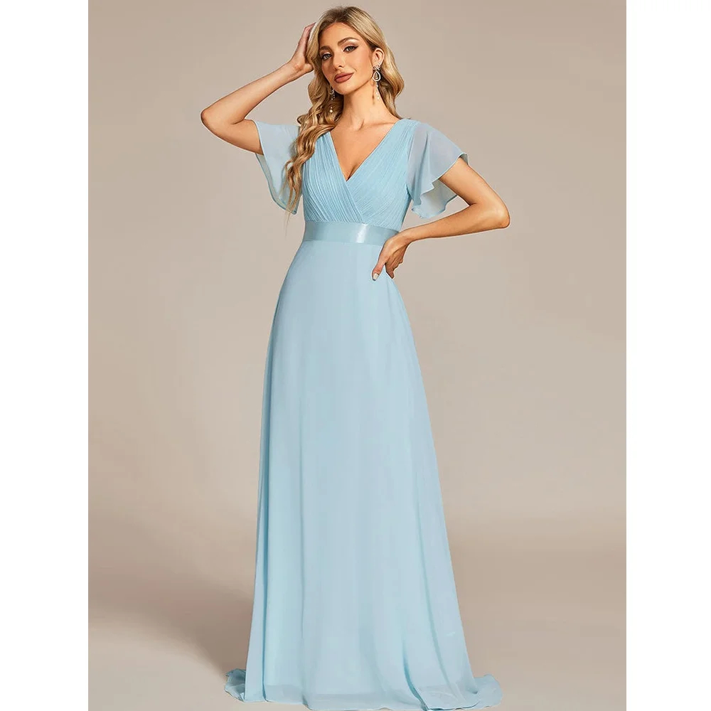 LoveDoris Chiffon Bridesmaid Dress Sky Blue Evening Prom Dress Long Wedding Dress Short Sleeves V-Neck Dress  Customize