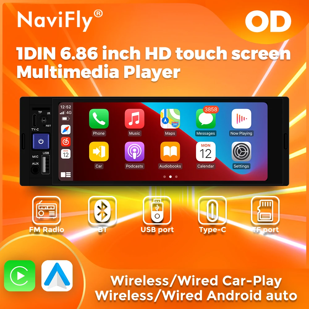 Navifly HD 터치 스크린 무선 카플레이, 안드로이드 자동 BT 핸즈프리 GPS FM 스테레오 SWC USB TF 자동차 라디오 MP5 플레이어, 1 Din, 6.86 인치 