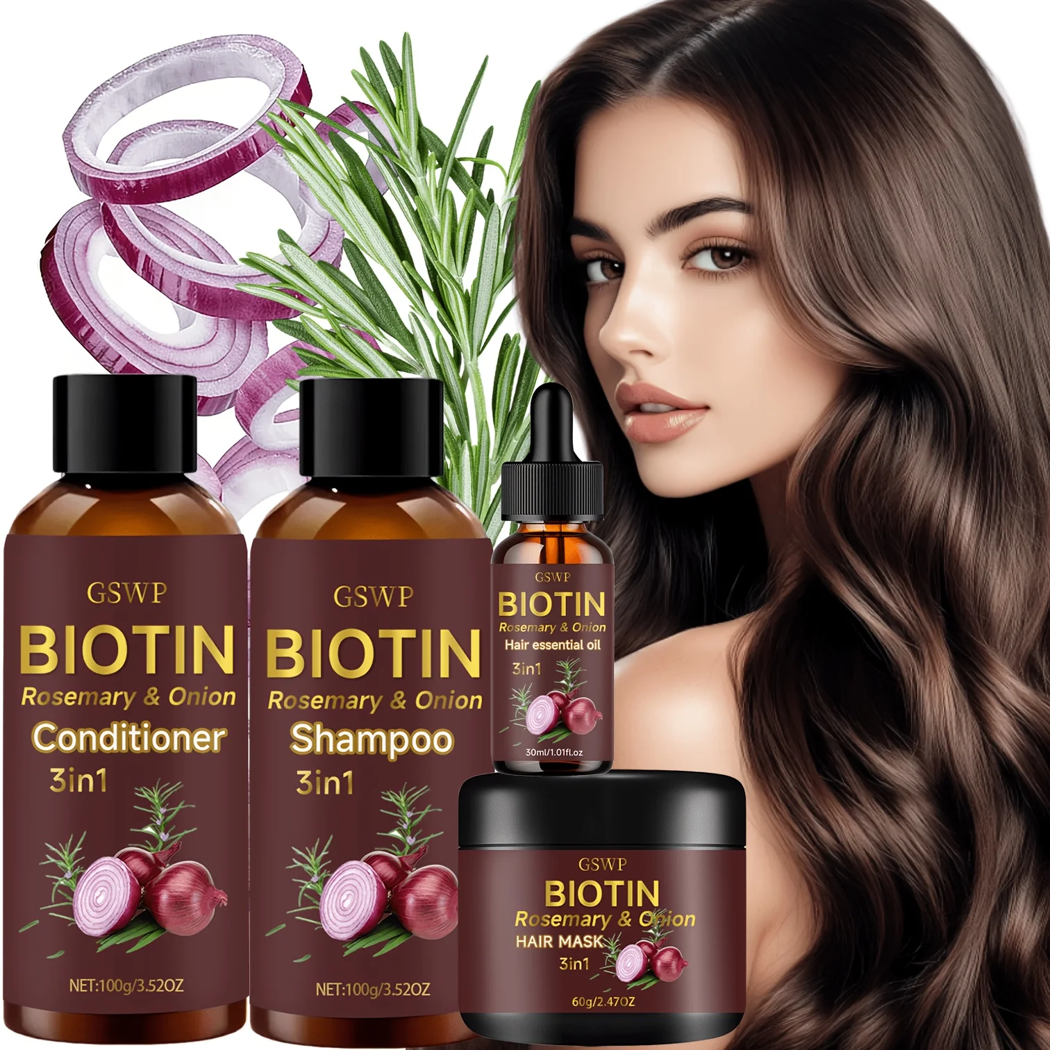 GSWP Onion Biotin Hair Care Set de 4 piezas, enriquecido con biotina y aceite de romero, limpieza profunda, hidratación y suavizado.