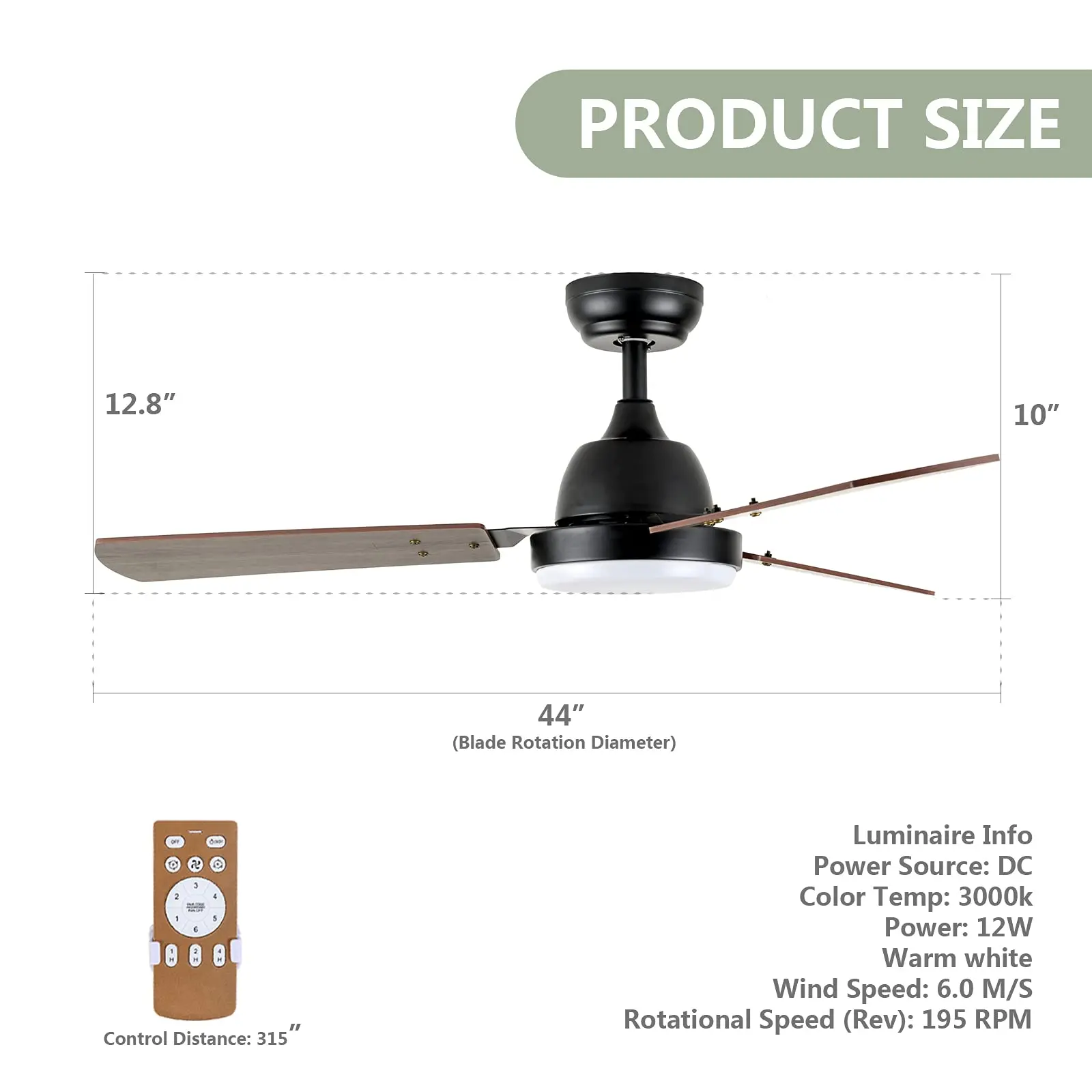 Simple Deluxe 44-inch Ceiling Fan with LED Light and Remote Control, 6-Speed Modes, 2 Rotating Modes, Timer