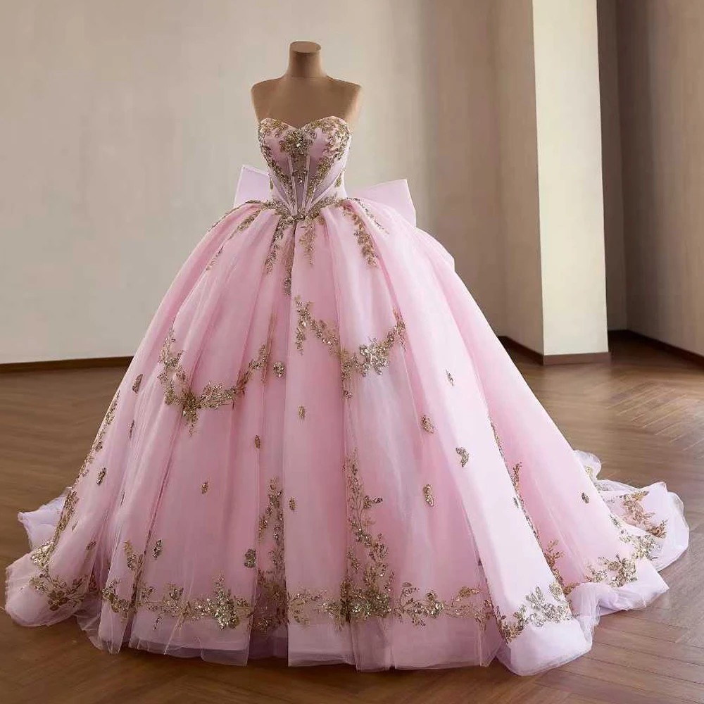 Pink Vestidos De 15 Quinceañeras Detachable Sleeves Up Lace Up Back See Through Ball Gown XV Quinceanera Dress
