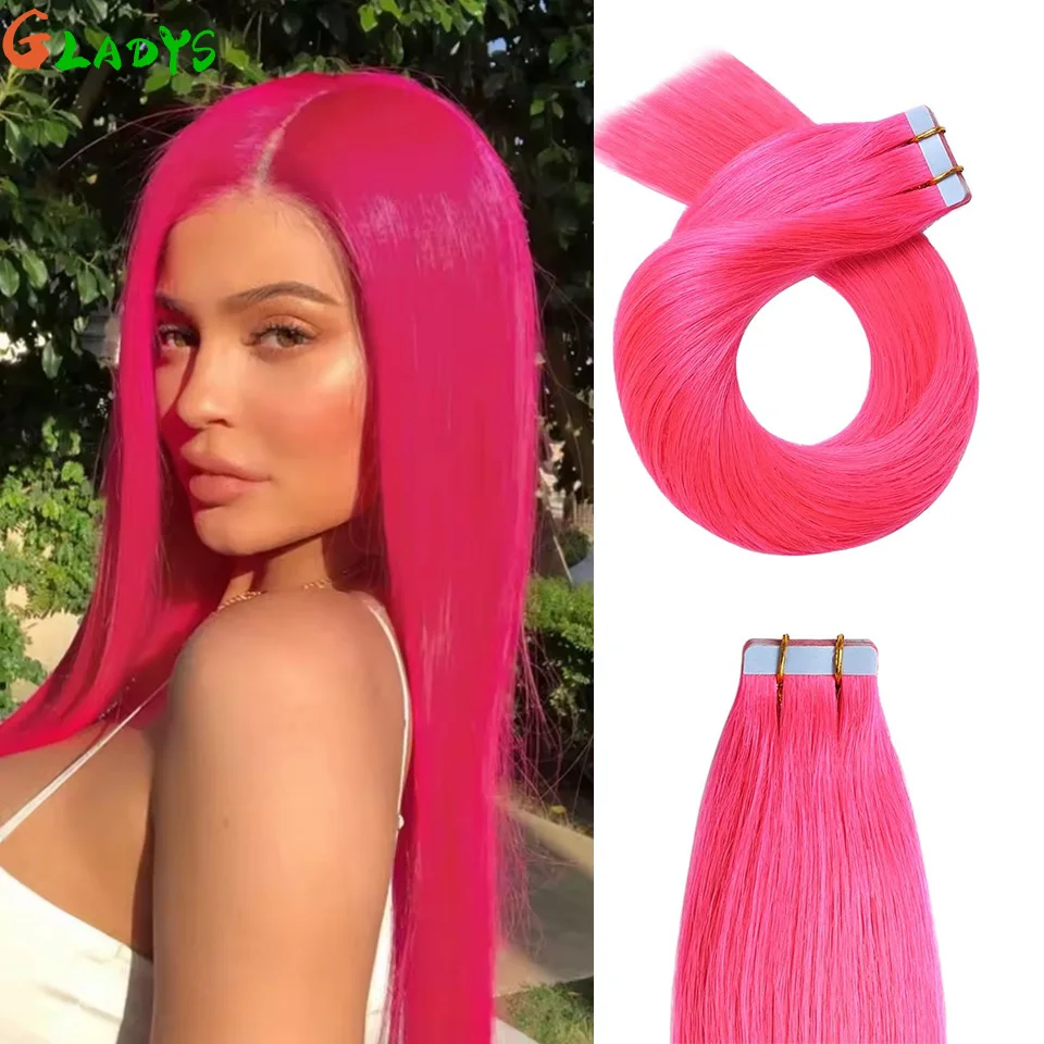 ผมต่อแบบเทป Gladys สีชมพูสังเคราะห์ตรง 50 กรัม/แพ็ค ใยทนความร้อนสูง เทปกาวสองด้าน