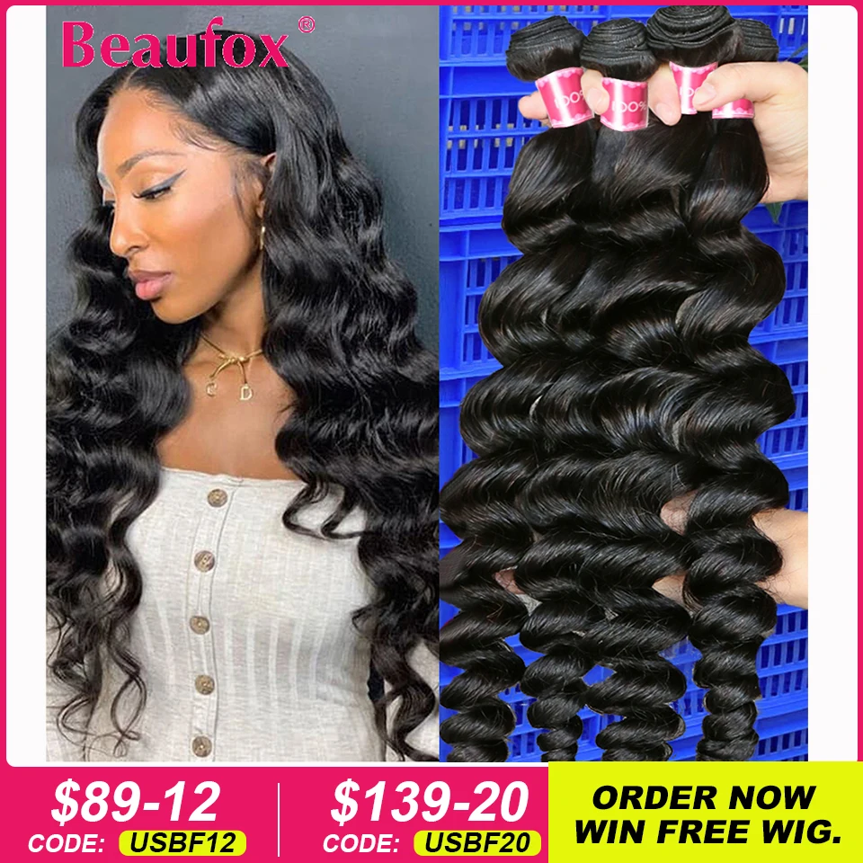 Beaufox 32 Inch Human Hair Bundles Loose Wave Bundles Indian Hair Weave Bundles 1/3/4 PCS Human Hair Extensions Natural Black