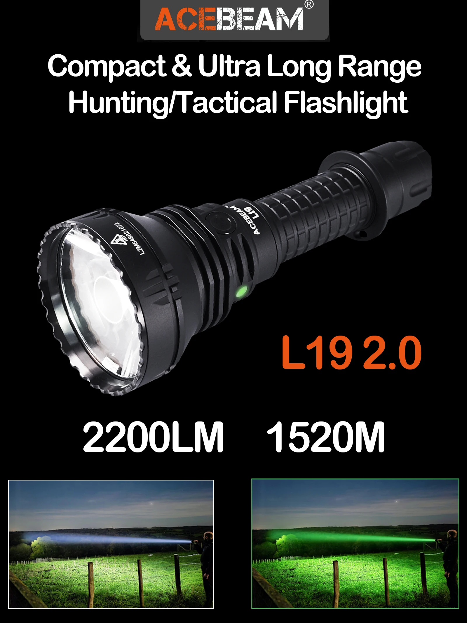 ACEBEAM L19 2.0 Jagd-Taschenlampe, max. 2200 Lumen, 1520 Meter große Reichweite, wiederaufladbare Taschenlampe für die Jagd, leistungsstarke LED-Taschenlampe