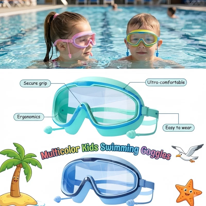 Kids Swimming Goggles Big Frame HD View Anti-fog Waterproof 