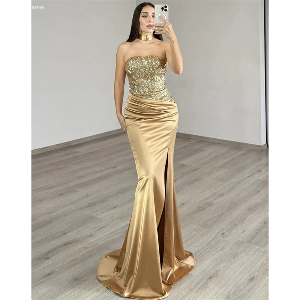 

Sansa Customized Gold Mermaid Side Split Glitte Strapless Prom Dress Sleeveless Vestidos De Noche Floor-Length Formal Evening