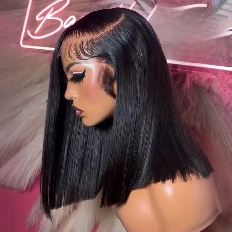 Perruques Bob à densité 220 %, lisses, en cheveux humains, avec dentelle frontale 13x4, en cheveux brésiliens Remy, pré-épilées, 16 pouces