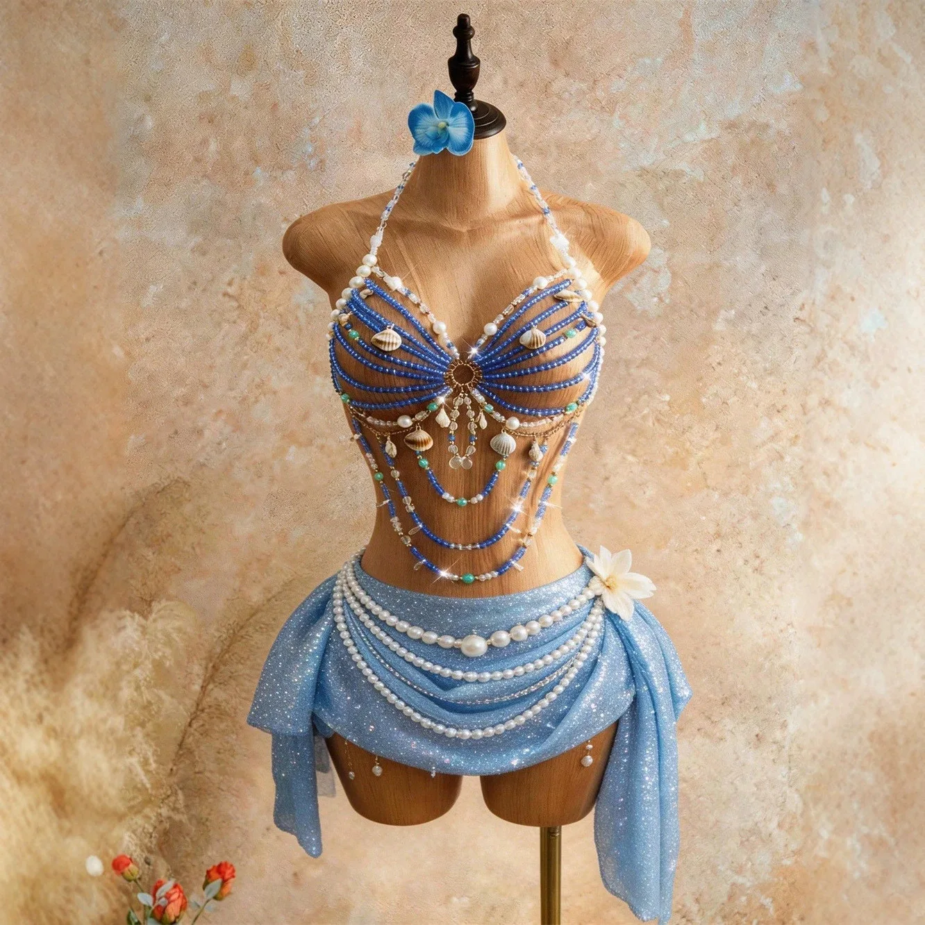 New European And American Women's Blue Beaded Shell Vest, Heavy Tassel Design, Vacation Style, Sexy Girl Hollow Body Chain