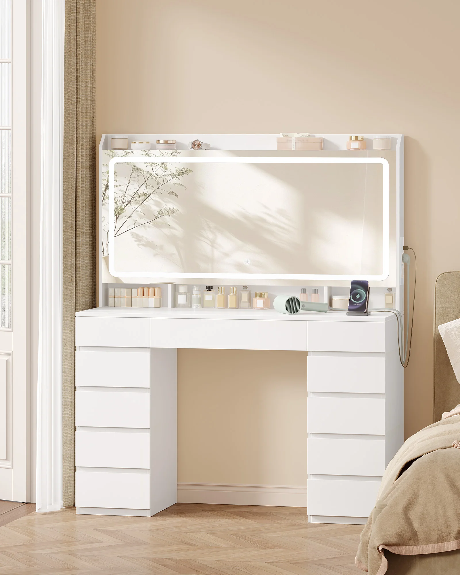 Toeletta grande con ampio specchio HD, toletta con illuminazione a LED, 3 colori, luminosità regolabile, per camera da letto, bianco