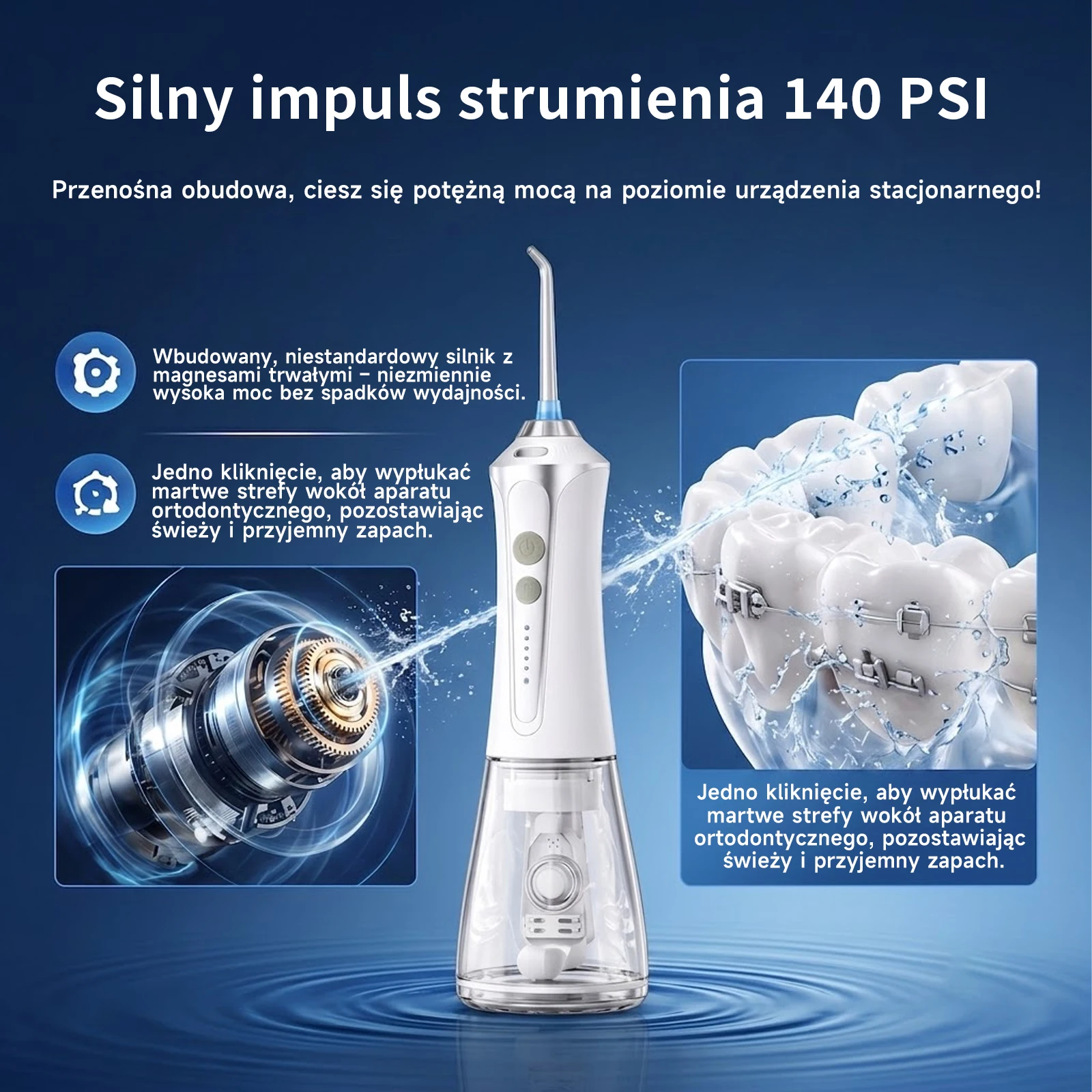 H2ofloss Bezprzewodowy Irygator do Zębów Przenośny 300ml 5 Trybów 5 Dysz IPX7 Wodoodporny Type-C Akumulator 2500mAh 60 Dni Baterii dla Domu Podróży Głębokie Czyszczenie i Codzienna Pielęgnacja Jamy