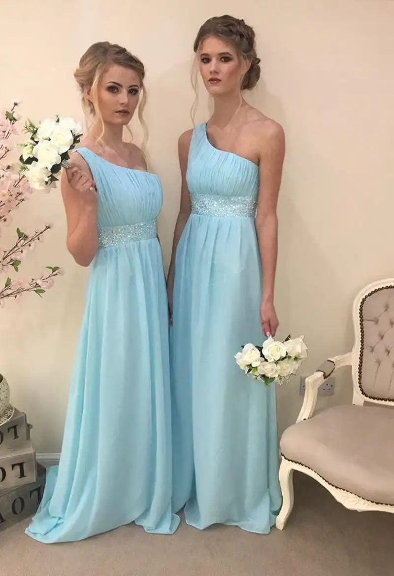 Charming Chiffon One Shoulder Bridesmaid Dress Sleeveless Pleated Sequin Floor Length Gown Evening Wedding Party A Line Gowns