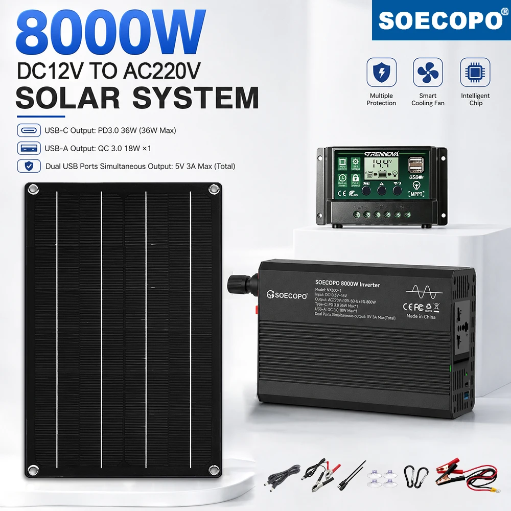 SOECOPO Solar Energy System 800W Rated Power Inverter 8000W Version DC12V to AC220V PD3.0 36W QC3.0 18W Dual USB Controller Set