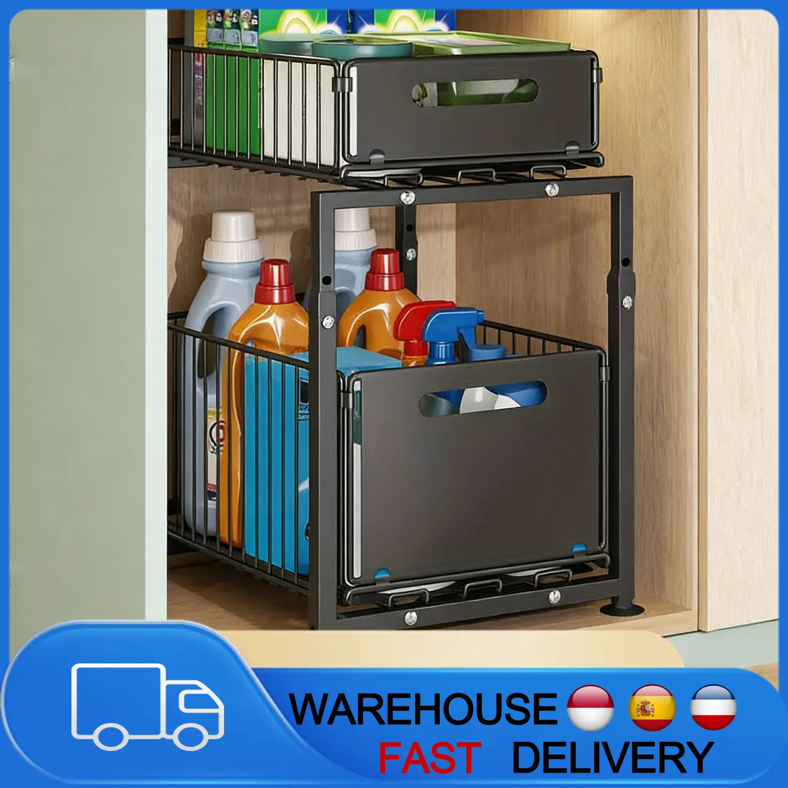 Organisateur sous évier à 2 niveaux avec tiroir coulissant, rangement de cuisine avec étagère coulissante à accès facile pour une cuisine sans désordre