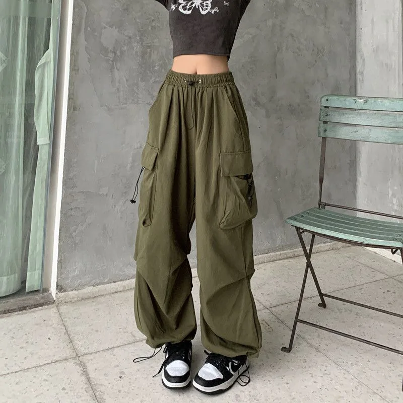 2024 Y2K Trousers Women Cargo Pants Straight Wide Leg Drawstring Pockets Kpop High Waisted Breathable Solid Color Sweatpants